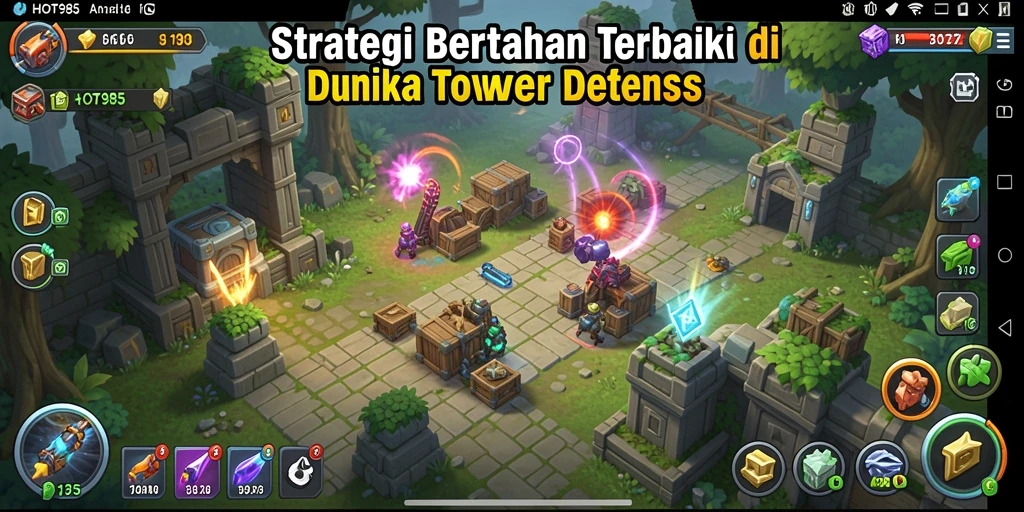 Screenshot gameplay HOT985 menampilkan aksi menara pertahanan yang dinamis.