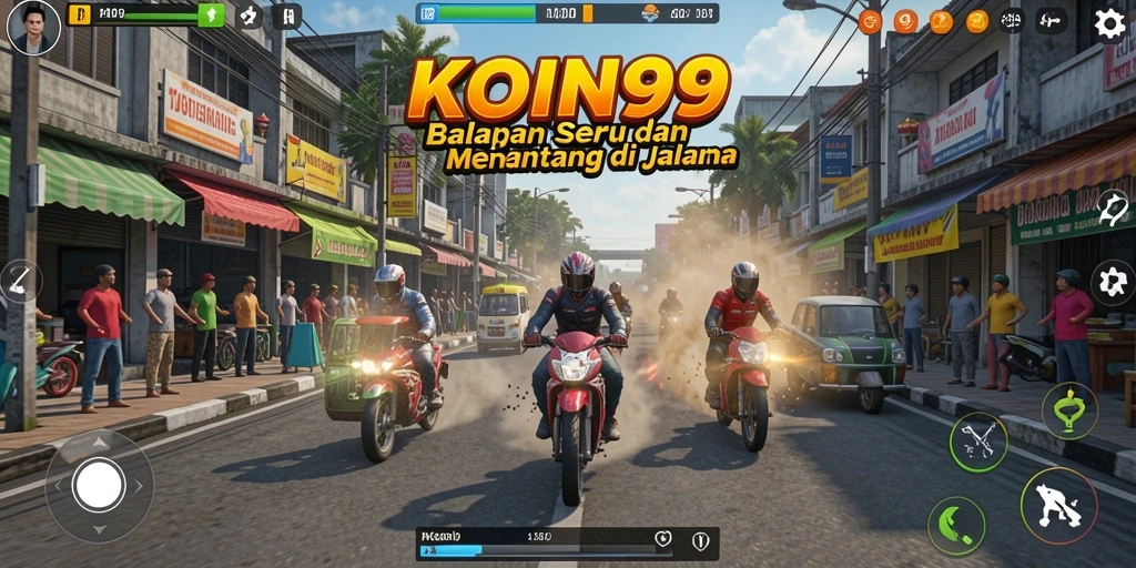 Tampilan gameplay KOIN99 dengan mobil balap yang melaju kencang.