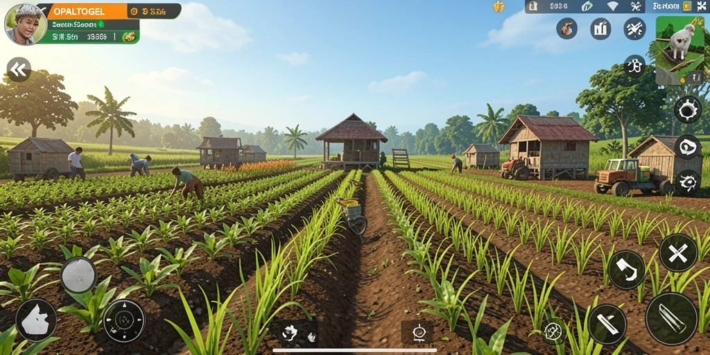 Tampilan gameplay seru dalam OPALTOGEL saat merawat ladang pertanian.