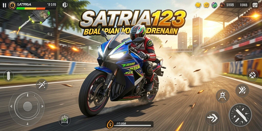 Screenshot SATRIA123 menampilkan aksi seru dalam balapan motor.
