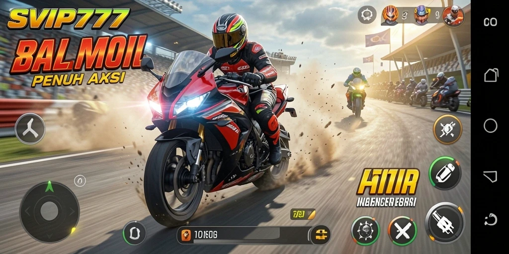 Screenshot gameplay SVIP777 menampilkan aksi balapan motor yang mendebarkan.